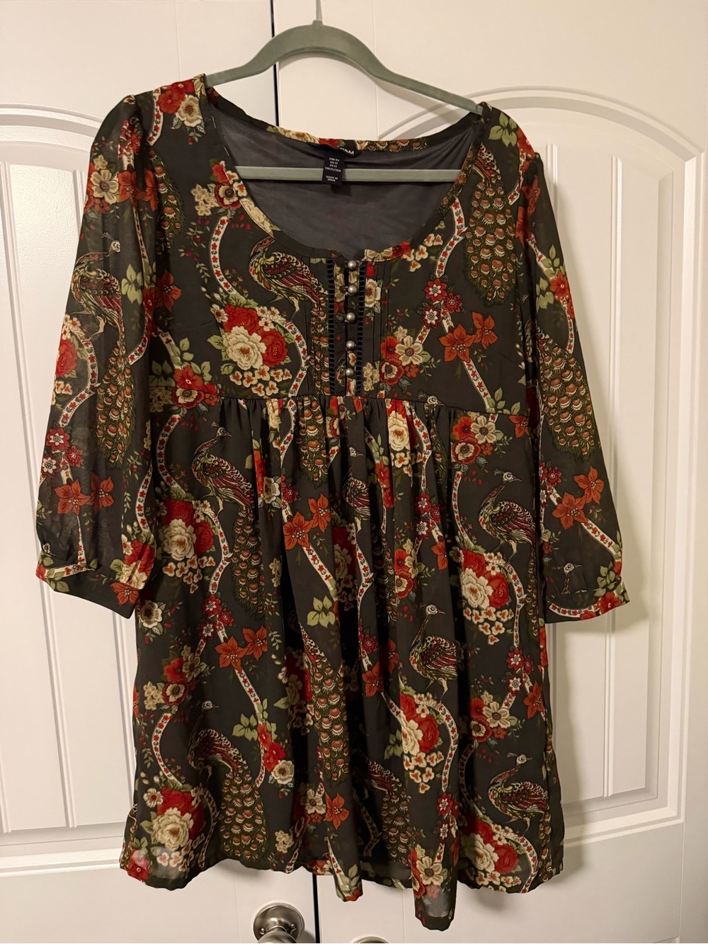 H&M Dark Green Paisley Floral Long-Sleeve Babydoll Dress